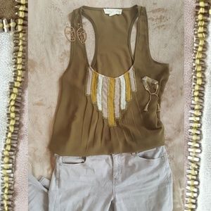 Boho Chic Beaded Olive Chiffon Top - Staring@Stars